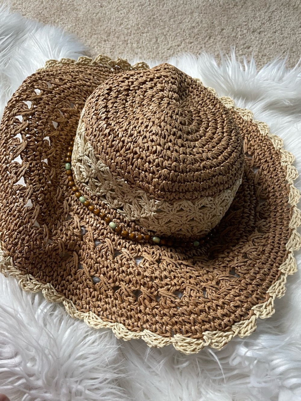 Fatface  Two-Tone Brown & Cream Straw Sun Hat with Beaded Trim